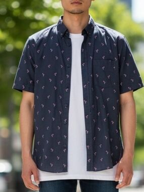 Goodfellow & Co Navy Short-Sleeve Button-Down with Pink Flamingo Print MED